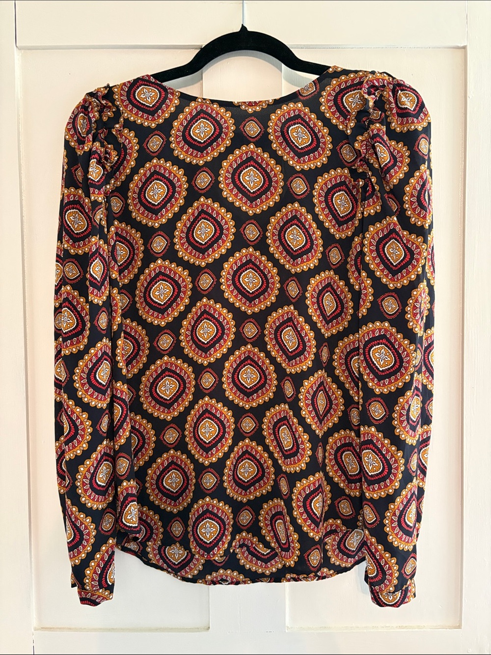 LOFT Black Long-Sleeve Blouse with Red and Gold Medallion Print
